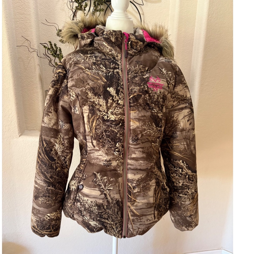 Realtree Puffer Jacket Women Large Brown Camo MAX-1 XT Faux Fur Hood Pink Trim